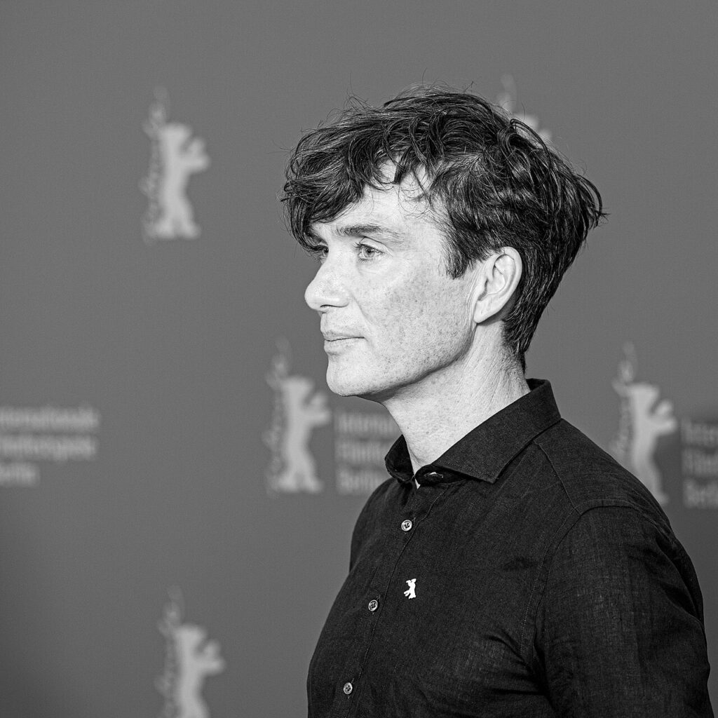 Black-and-white profile of Cillian Murphy at the 2024 Berlin International Film Festival.