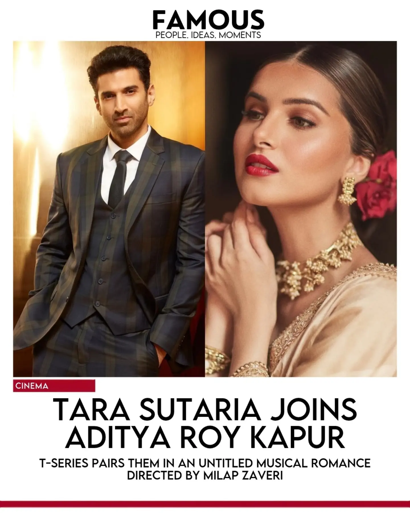 Famous TV announcement card showing Aditya Roy Kapur and Tara Sutaria for their untitled musical romance.